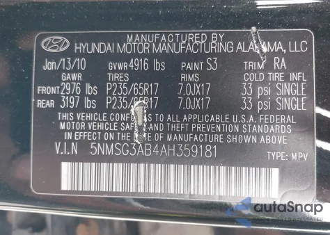 2010 Hyundai Santa Fe Gls z USA, uszkodzony, nr VIN 5NMSG3AB4AH359181